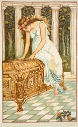 Pandora pragnie otworzyć pudełko, ilustracja z „Cudownej książki dla dziewcząt i chłopców” Nathanial Hawthorne, 1852